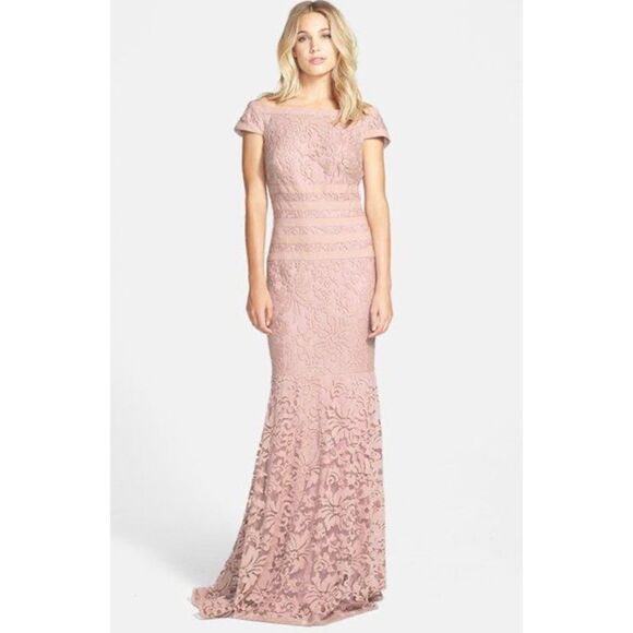 NWT Tadashi Shoji Textured Lace Mermaid Gown w Cap Sleeves in Mauve Blush Pink 8 - Picture 2 of 9